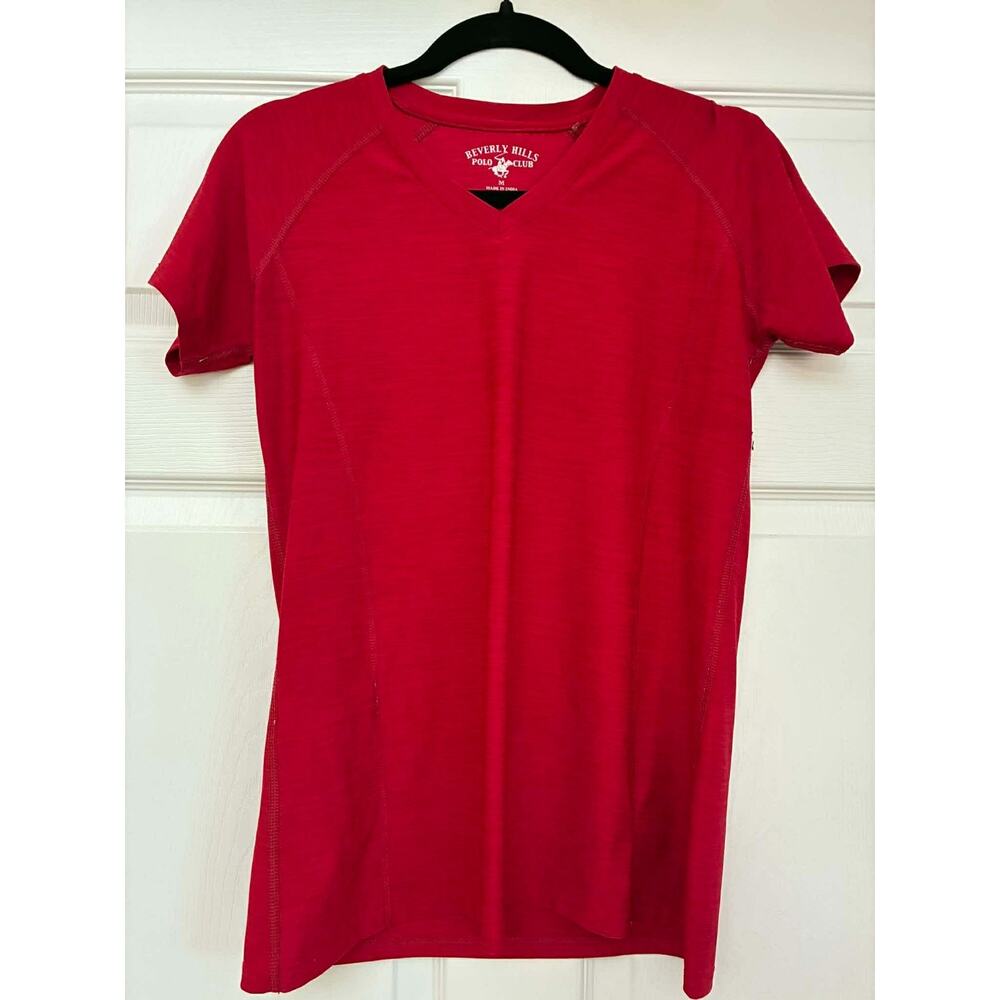 Beverly Hills Polo Club Women's Athletic Tee Red Meduim V-Neck Short Sleeve